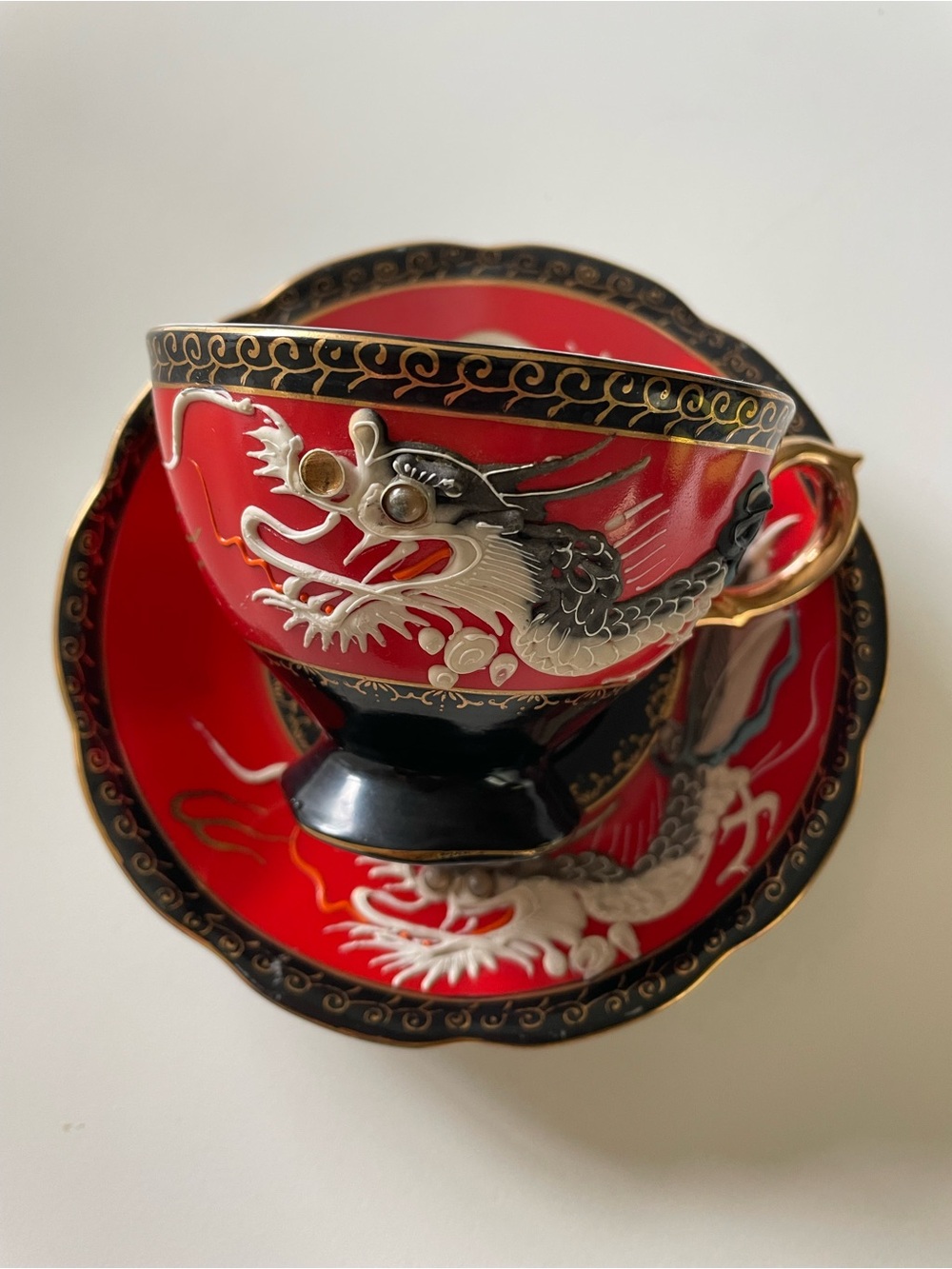 Vintage Japanese Red Dragonware Cup & Saucer - Moriage - Rolling Eyes circa 1950